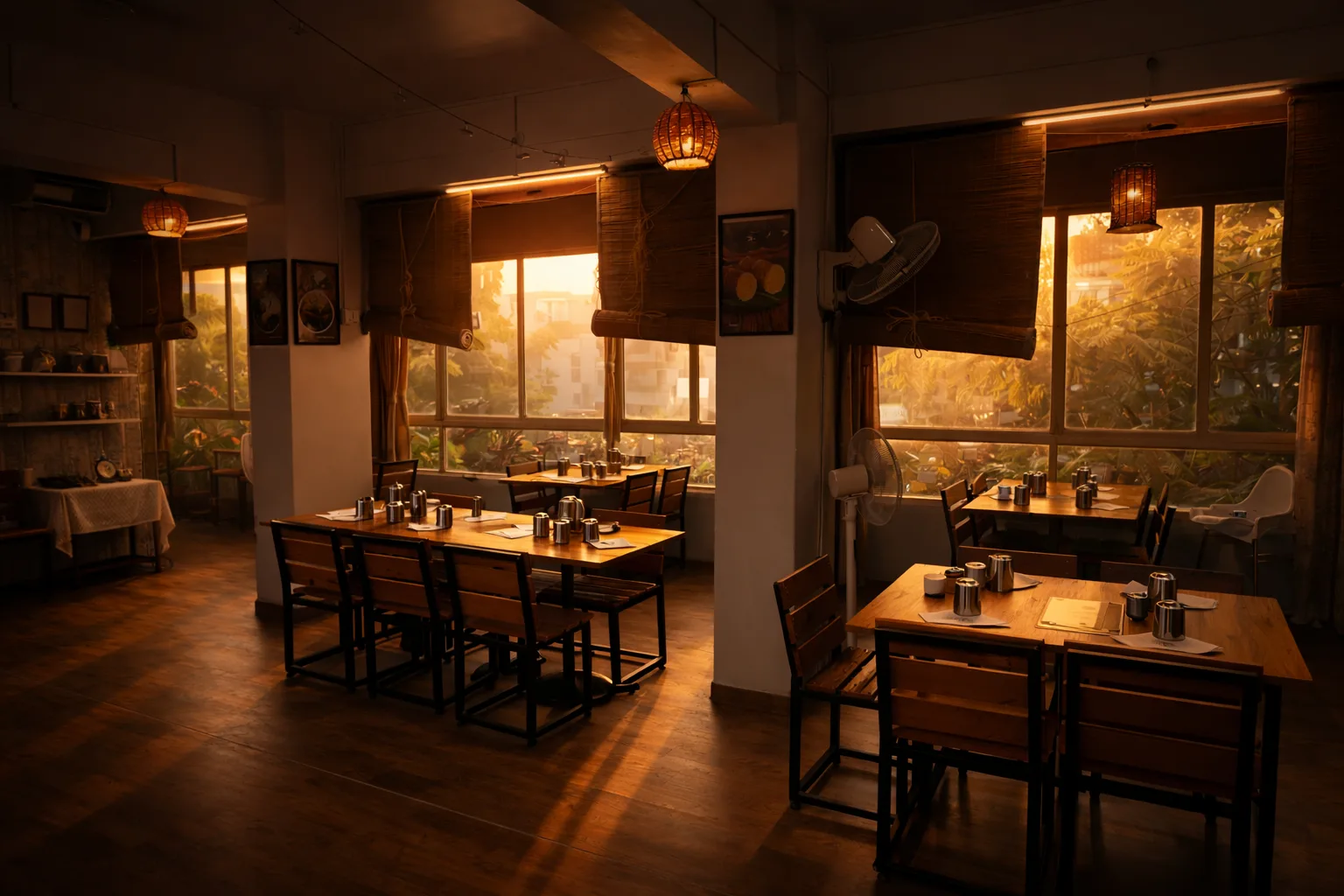 The warmly lit dining space at Bhoomi by Seeta Ki Rasoi